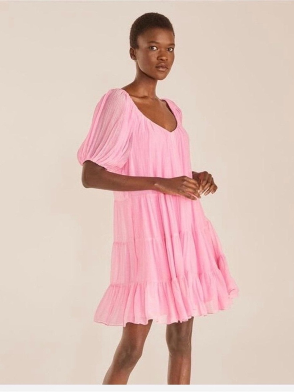 Rebecca Taylor Crinkle Chiffon Tiered Puff Sleeve Dress. Size Medium